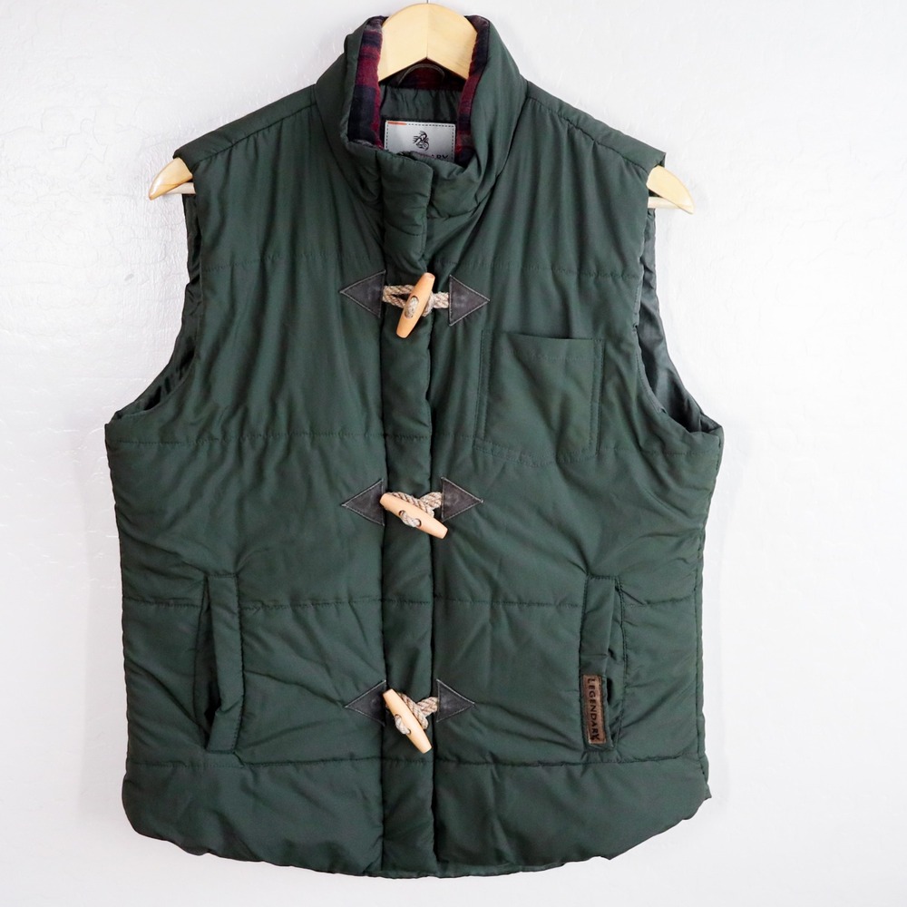 Legendary Whitetails Puffer Vest Women's Green Quilted Toggle Plaid Lined Collar
